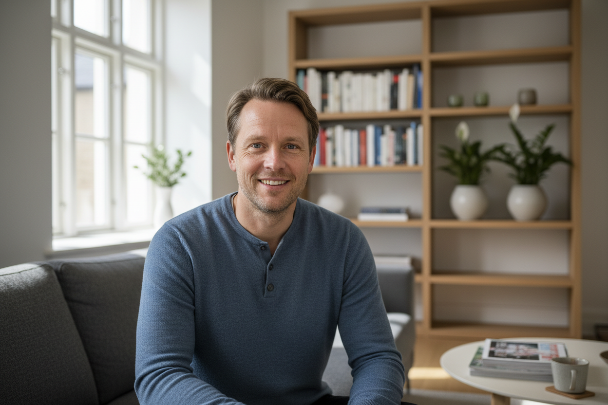 A realistic portrait photo of a Danish man in his early 40s, casual home setting, neutral tones, natural light, relaxed posture, authentic and approachable look, no stock photography style, testimonial portrait
