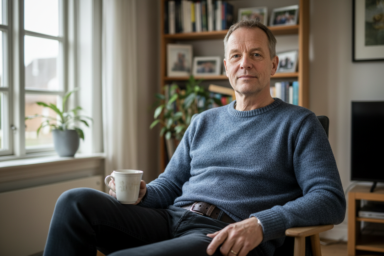 A realistic portrait photo of a Danish man in his early 50s, casual everyday clothing, natural window light, home interior background, neutral expression, authentic and trustworthy appearance, no posing, no stock photo look, realistic skin texture, customer testimonial style
