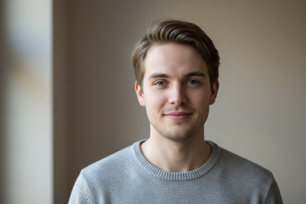 “Dansk mand i starten af 20’erne, kort eller let rodet hår, naturligt og autentisk udseende. Neutral baggrund, blød belysning. Let smil, afslappet udtryk. Ingen fitness-look, ingen modelstil, ingen skarpt lys. Troværdigt portræt som passer til en produktanmeldelse.”